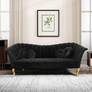 18 Ideas Black Sofa Living Room Decor 2024 ZTNews   86 6  Black Velvet Upholstered Sofa Channel Tufted 3 Seater Sofa In Gold Homary 300x300 