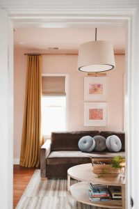 Peach Living Room Designs 2024 17 Ideas Modern Peach Interior Trends   Family Room Refresh With Peach Walls Natural Shades And Gold Curtains 2 200x300 