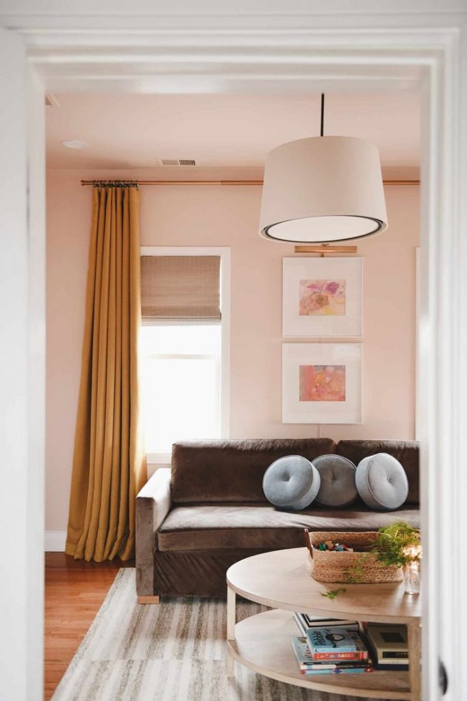 Family Room Refresh With Peach Walls Natural Shades And Gold Curtains 2 682x1024 