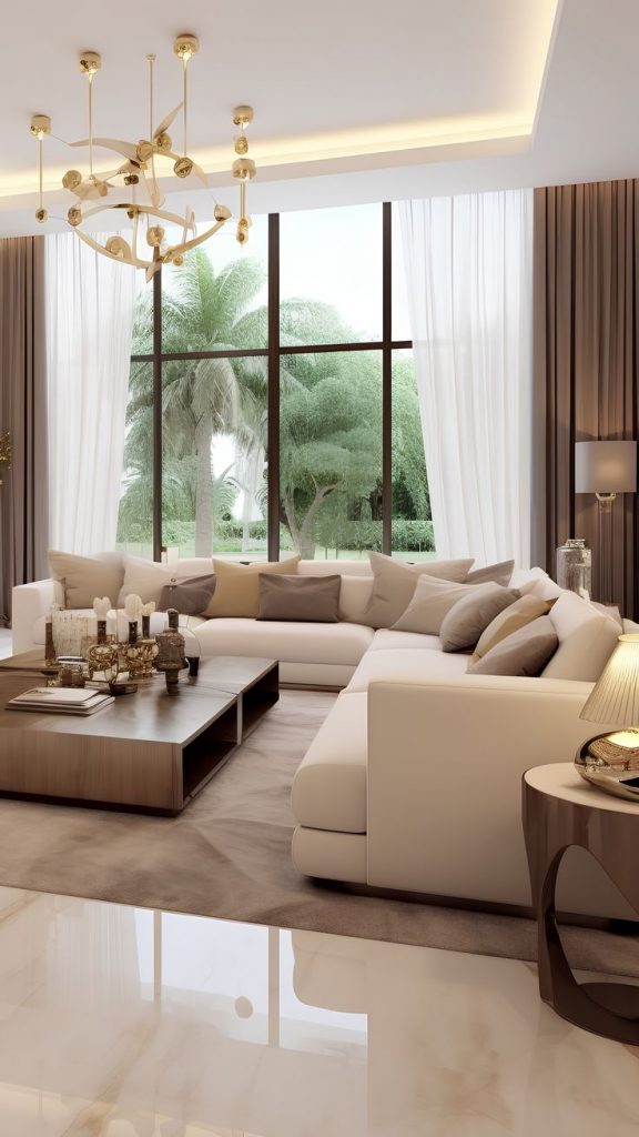 Luxury Large House Interior Design With A Huge White S Haped Sofa In A Villa With High Windows 576x1024 
