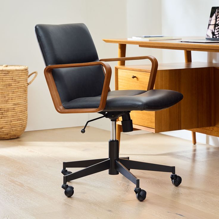 Cooper Leather Swivel Office Chair W  Wood Arms 