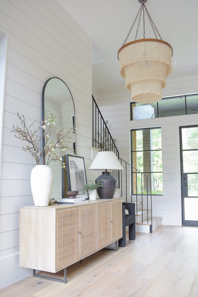 2024 S Boho Chandelier Styles Unique Lighting For Eclectic Home Interiors   Entry Way White Shiplap White Oak Hardwood Floors Delores Can Console Hannah Sideboard Black Lamp Arched Black Floor Mirror Patricia Round Chandelier Large Foyer Hallway Steel Front Door 1 683x1024 