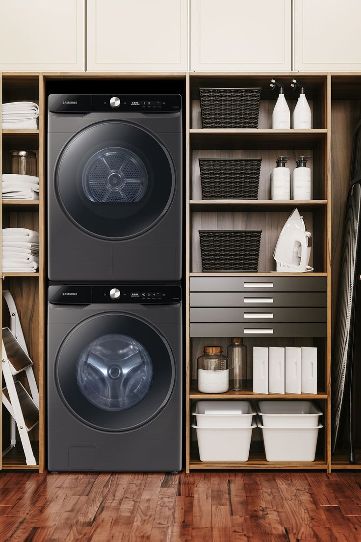 2024 Stackable Laundry Room Trends Modern To Farmhouse Elegance   Interiors With Black Appliances 