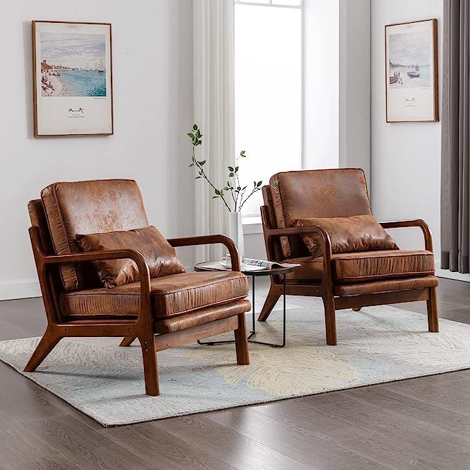 Mid Century Modern Accent Chair Set Of 2 Living Room Comfy Solid Wood Arm Chair With Lumber Pillow Lounge Decorative Brown Leather Office Side Chair For Bedroom Reading Nook Sillas De Sala 