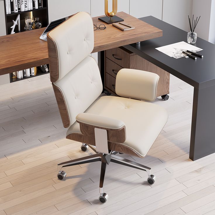 Modern White Home Office Chair Upholstered Swivel Task Office Chair Height 