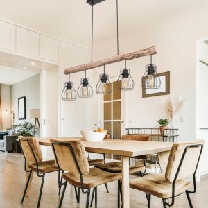 2024 Craftsman Chandelier Styles Elegant Fusion Of Tradition And Modernity   Suspension Design En Bois Avec Abat Jour En Grille Suspension Avec Poutres En Bois 5 Flammes Metal Noir Bois Naturel 5x E27 Max 40 Watt LxlxH 300x300 